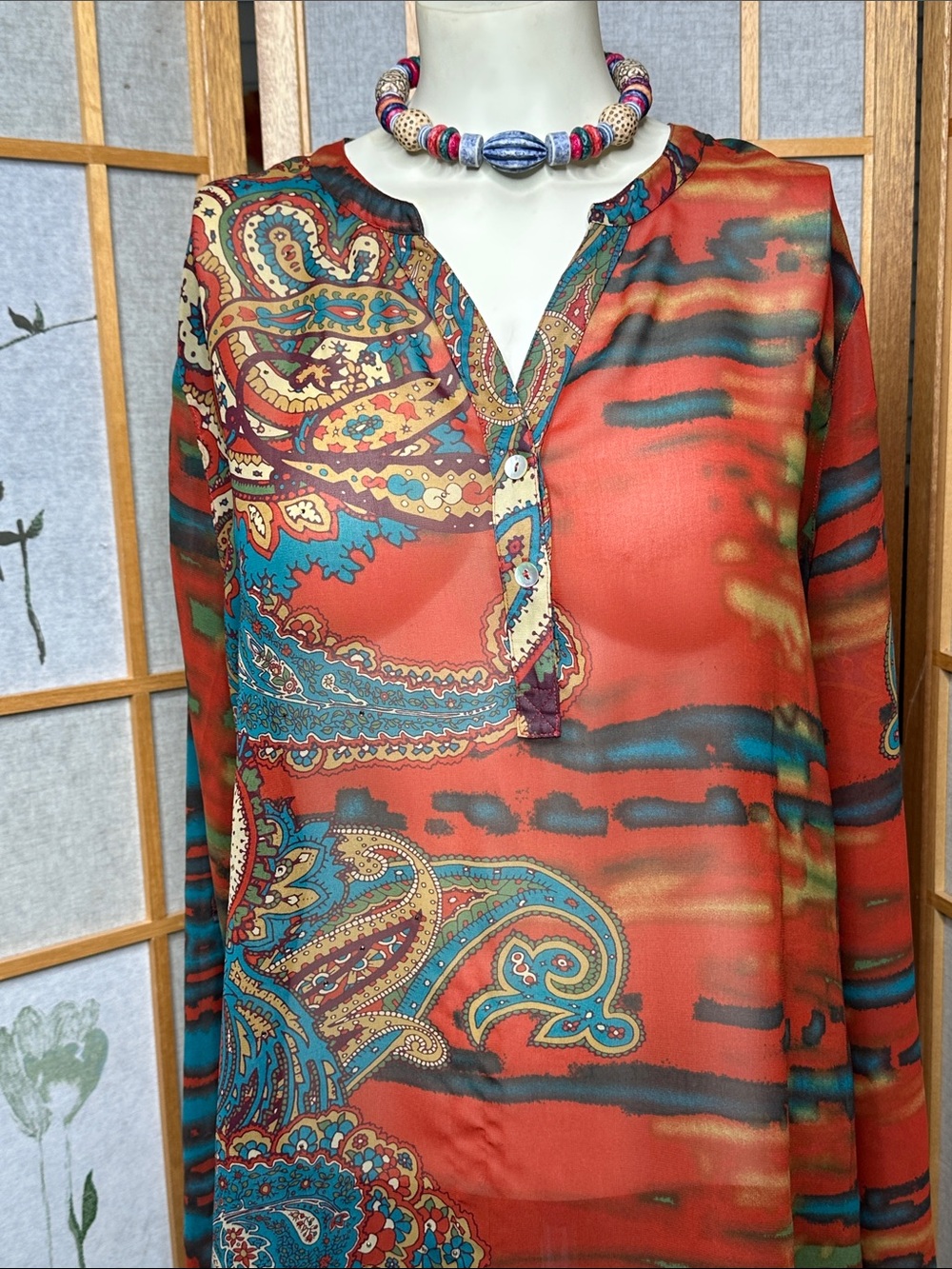 Multiples Split V-neck long sleeve blouse Fall/ Orange Blue Colors Paisley
Lg